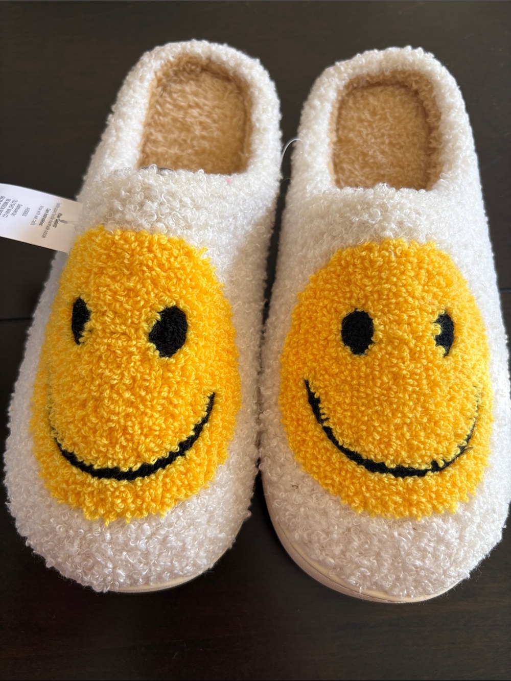 Cozy Creamy White Fuzzy Slip-On One Piece Slipper Shoes Smile Face S 5 5.5 6